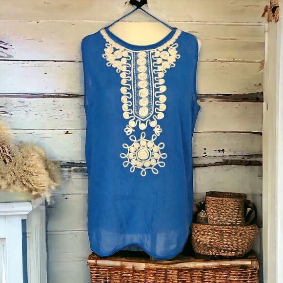 Banana Republic Top Sz 8 Gauzy Sheer Cotton Embroidery Sleeveless Zipper Blue. - Picture 13 of 16